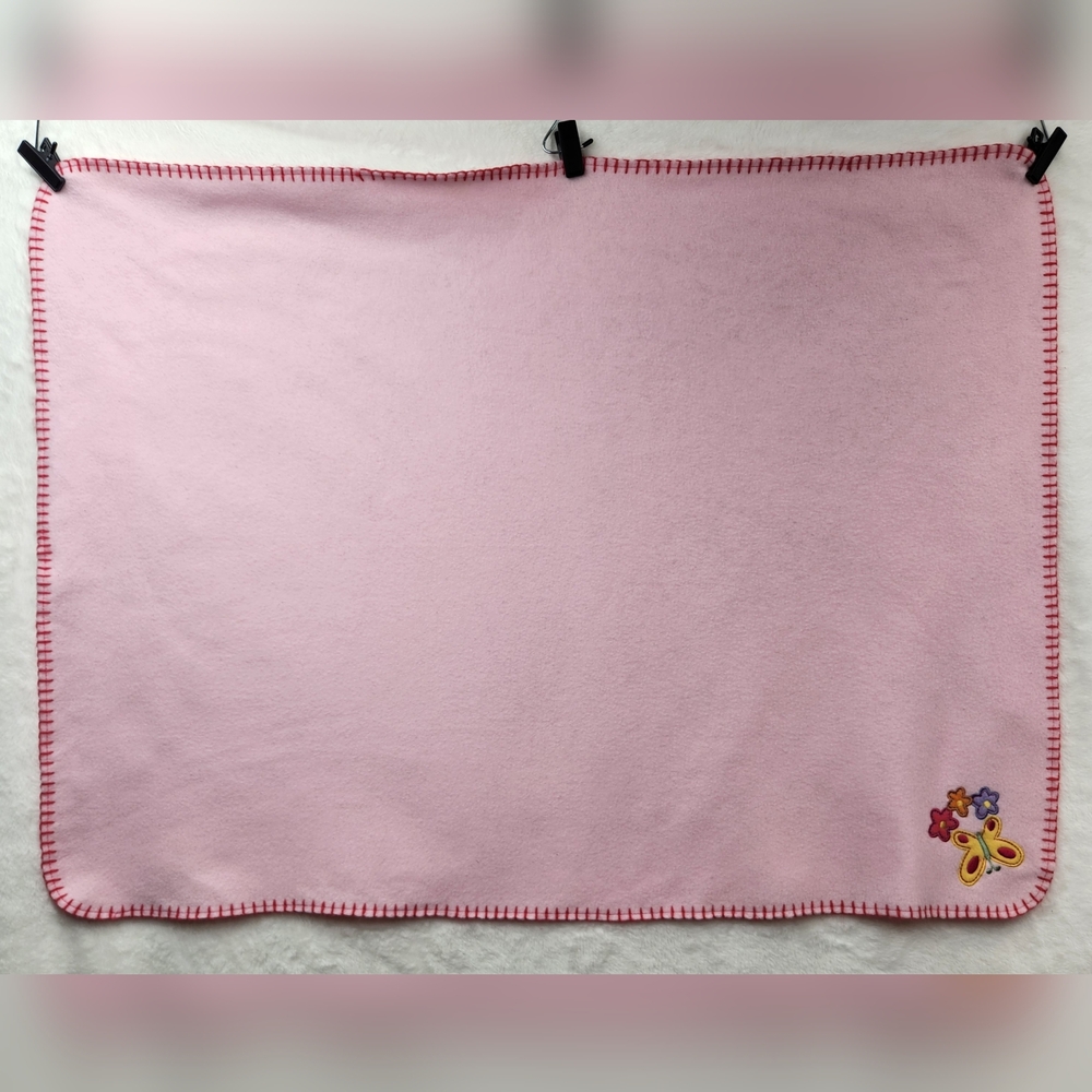 Baby Connection Pink Butterfly Fleece Blanket – Embroidered Flowers & Border